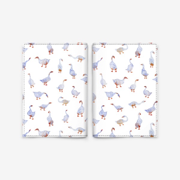 Обложка для паспорта «Акварельный нарисованный вручную бесшовный фон с яркими иллюстрациями голубых гусей, лебедей с красными лапами. Птицы»