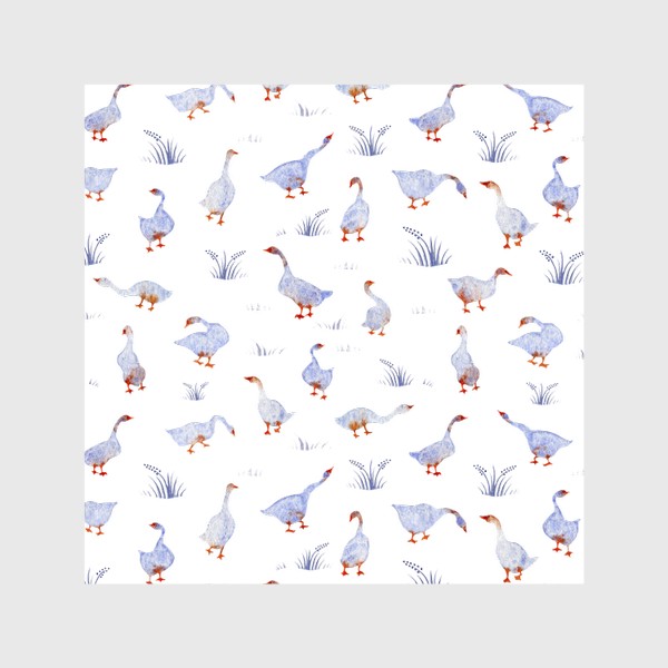 Шторы &laquo;Акварельный нарисованный вручную бесшовный фон с яркими иллюстрациями голубых гусей, лебедей с красными лапами. Птицы&raquo;