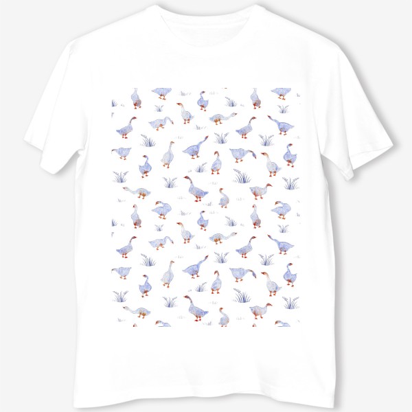Футболка &laquo;Акварельный нарисованный вручную бесшовный фон с яркими иллюстрациями голубых гусей, лебедей с красными лапами. Птицы&raquo;