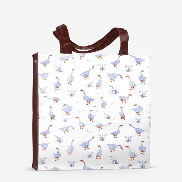 Сумка-шоппер &laquo;Акварельный нарисованный вручную бесшовный фон с яркими иллюстрациями голубых гусей, лебедей с красными лапами. Птицы&raquo;