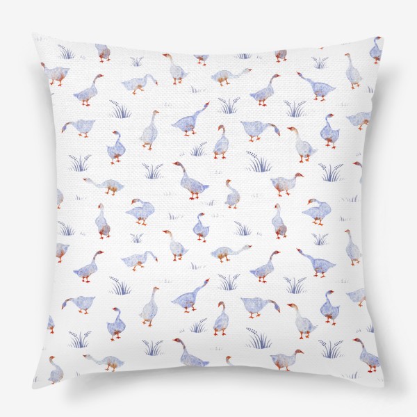 Подушка «Акварельный нарисованный вручную бесшовный фон с яркими иллюстрациями голубых гусей, лебедей с красными лапами. Птицы»