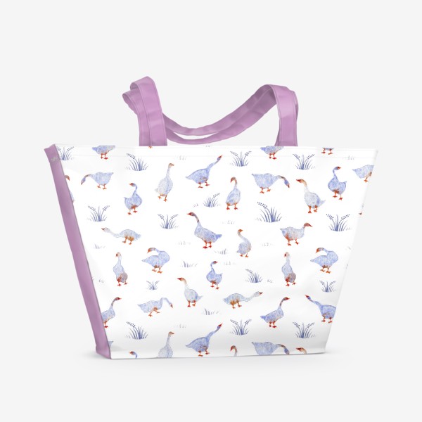 Пляжная сумка «Акварельный нарисованный вручную бесшовный фон с яркими иллюстрациями голубых гусей, лебедей с красными лапами. Птицы»