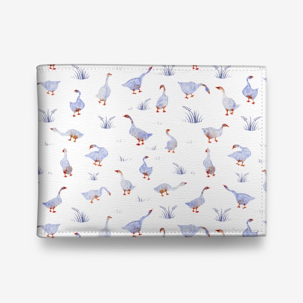 Кошелек «Акварельный нарисованный вручную бесшовный фон с яркими иллюстрациями голубых гусей, лебедей с красными лапами. Птицы»