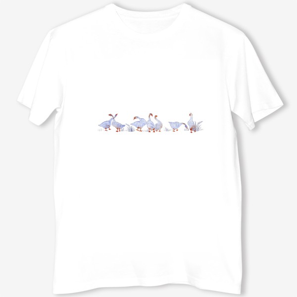 Футболка &laquo;Акварельная нарисованная вручную яркая иллюстрация с голубыми гусями, лебедями с красными лапами. Птицы в траве&raquo;