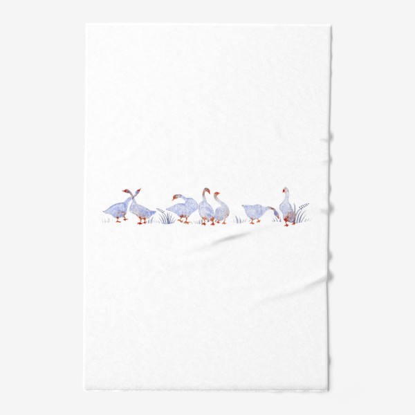 Полотенце &laquo;Акварельная нарисованная вручную яркая иллюстрация с голубыми гусями, лебедями с красными лапами. Птицы в траве&raquo;