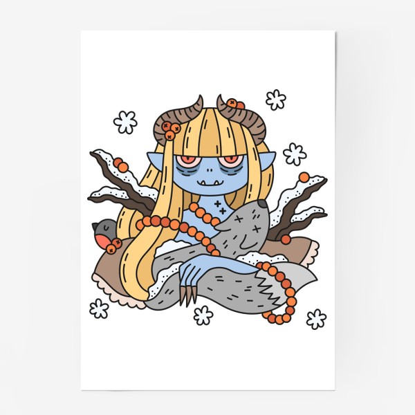 Постер &laquo;Зимняя девочка чертенок с бусами из рябины&raquo;