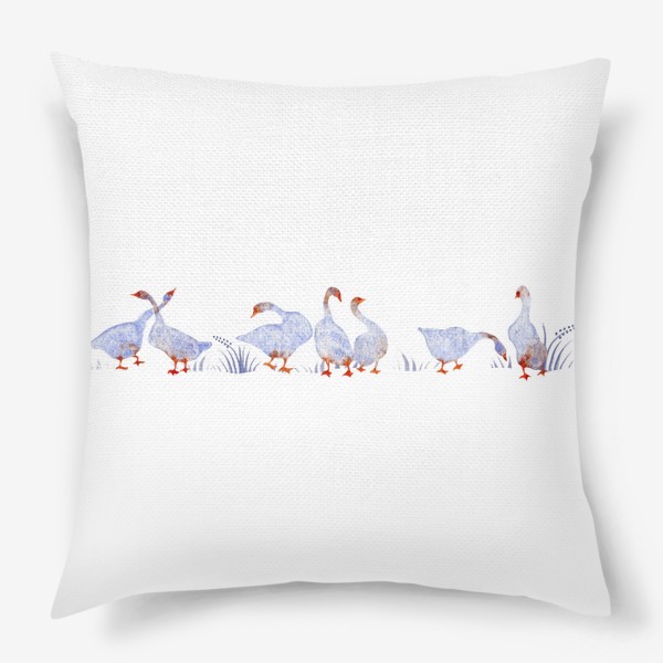 Подушка «Акварельная нарисованная вручную яркая иллюстрация с голубыми гусями, лебедями с красными лапами. Птицы в траве»
