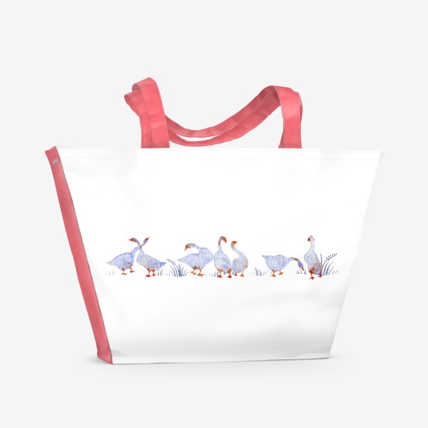 Пляжная сумка &laquo;Акварельная нарисованная вручную яркая иллюстрация с голубыми гусями, лебедями с красными лапами. Птицы в траве&raquo;
