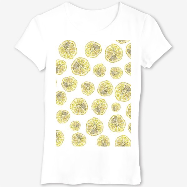 Футболка &laquo;Акварельный нарисованный вручную бесшовный фон с яркими иллюстрациями ломтиков желтых лимонов. Круглые срезы, цитрус&raquo;