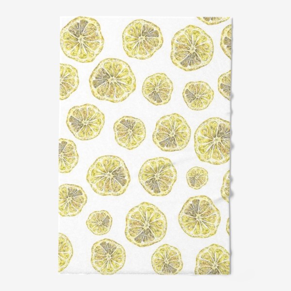 Полотенце «Акварельный нарисованный вручную бесшовный фон с яркими иллюстрациями ломтиков желтых лимонов. Круглые срезы, цитрус»
