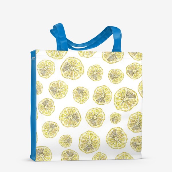 Сумка-шоппер &laquo;Акварельный нарисованный вручную бесшовный фон с яркими иллюстрациями ломтиков желтых лимонов. Круглые срезы, цитрус&raquo;