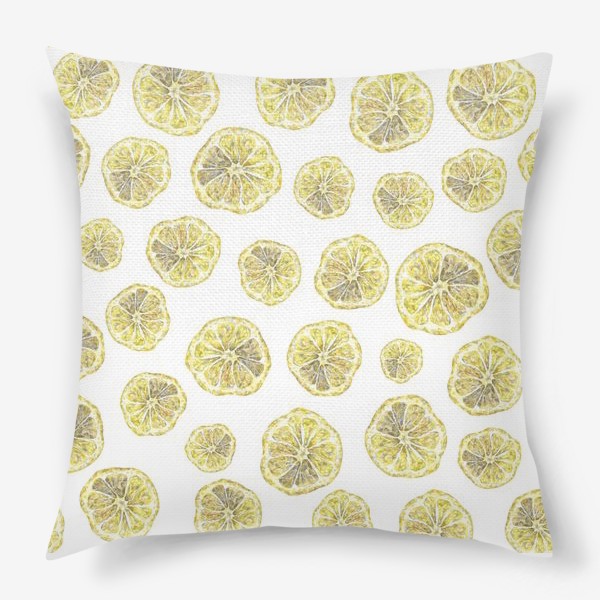 Подушка &laquo;Акварельный нарисованный вручную бесшовный фон с яркими иллюстрациями ломтиков желтых лимонов. Круглые срезы, цитрус&raquo;