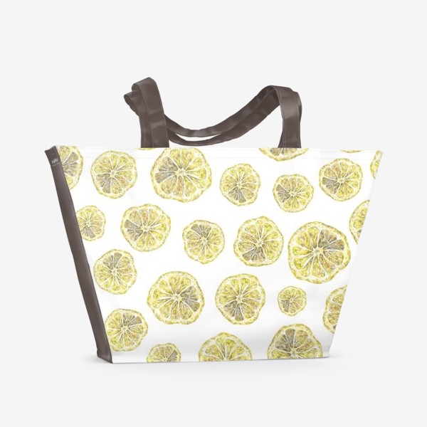Пляжная сумка «Акварельный нарисованный вручную бесшовный фон с яркими иллюстрациями ломтиков желтых лимонов. Круглые срезы, цитрус»