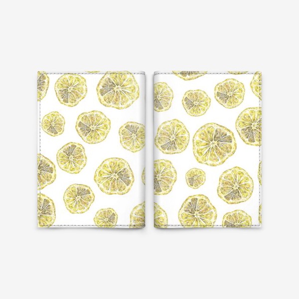 Обложка для паспорта «Акварельный нарисованный вручную бесшовный фон с яркими иллюстрациями ломтиков желтых лимонов. Круглые срезы, цитрус»