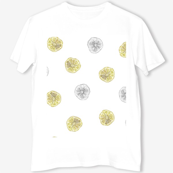 Футболка &laquo;Акварельный нарисованный вручную бесшовный фон с яркими иллюстрациями ломтиков желтых лимонов. Круглые срезы, цитрус&raquo;