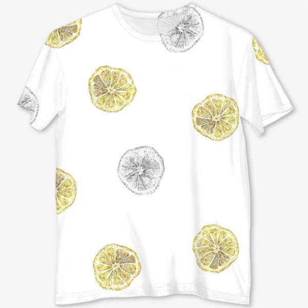 Футболка с полной запечаткой &laquo;Акварельный нарисованный вручную бесшовный фон с яркими иллюстрациями ломтиков желтых лимонов. Круглые срезы, цитрус&raquo;