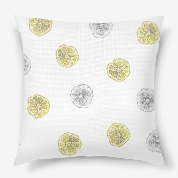 Подушка &laquo;Акварельный нарисованный вручную бесшовный фон с яркими иллюстрациями ломтиков желтых лимонов. Круглые срезы, цитрус&raquo;
