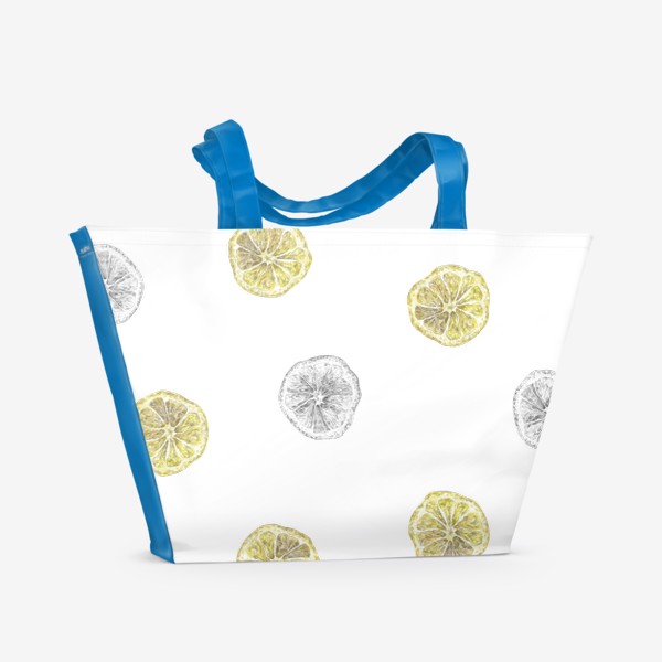 Пляжная сумка «Акварельный нарисованный вручную бесшовный фон с яркими иллюстрациями ломтиков желтых лимонов. Круглые срезы, цитрус»