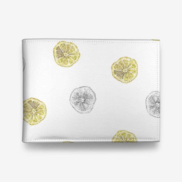 Кошелек «Акварельный нарисованный вручную бесшовный фон с яркими иллюстрациями ломтиков желтых лимонов. Круглые срезы, цитрус»
