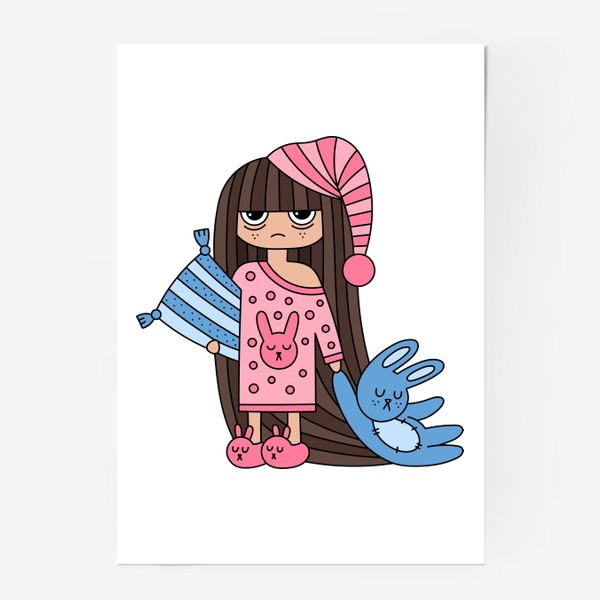 Постер «Сонная девочка с подушкой и зайчиком»