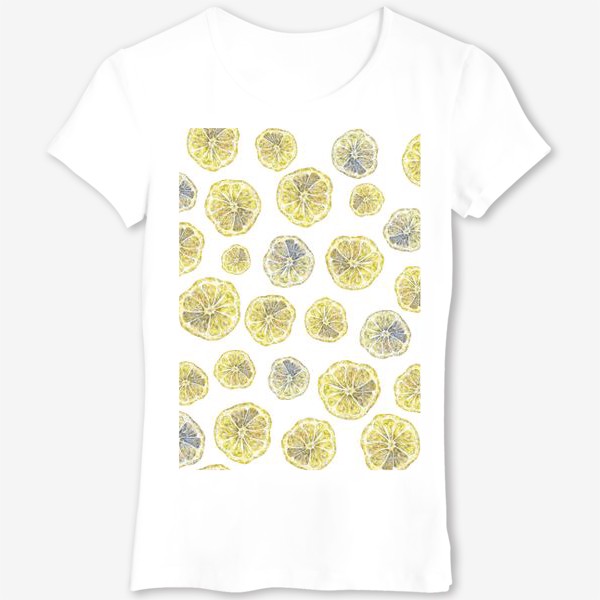 Футболка «Акварельный нарисованный вручную бесшовный фон с яркими иллюстрациями ломтиков желтых лимонов. Круглые срезы, цитрус»