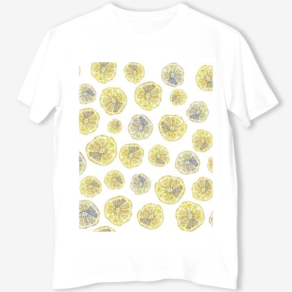 Футболка «Акварельный нарисованный вручную бесшовный фон с яркими иллюстрациями ломтиков желтых лимонов. Круглые срезы, цитрус»