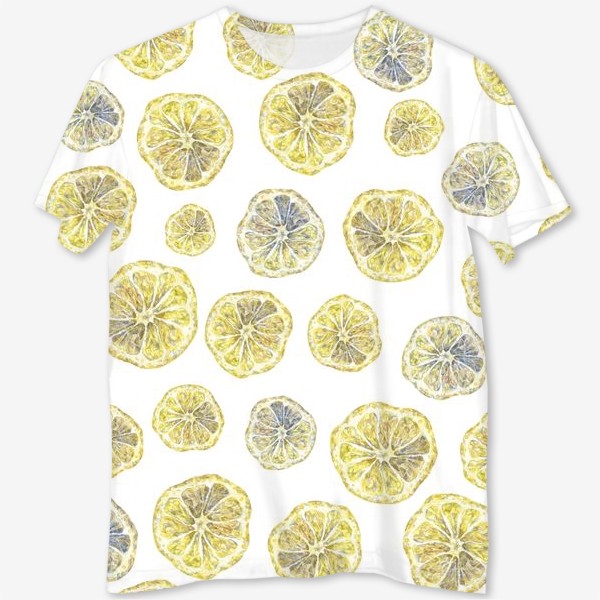 Футболка с полной запечаткой &laquo;Акварельный нарисованный вручную бесшовный фон с яркими иллюстрациями ломтиков желтых лимонов. Круглые срезы, цитрус&raquo;