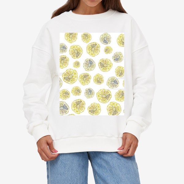 Свитшот «Акварельный нарисованный вручную бесшовный фон с яркими иллюстрациями ломтиков желтых лимонов. Круглые срезы, цитрус»