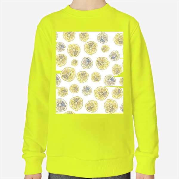 Свитшот &laquo;Акварельный нарисованный вручную бесшовный фон с яркими иллюстрациями ломтиков желтых лимонов. Круглые срезы, цитрус&raquo;