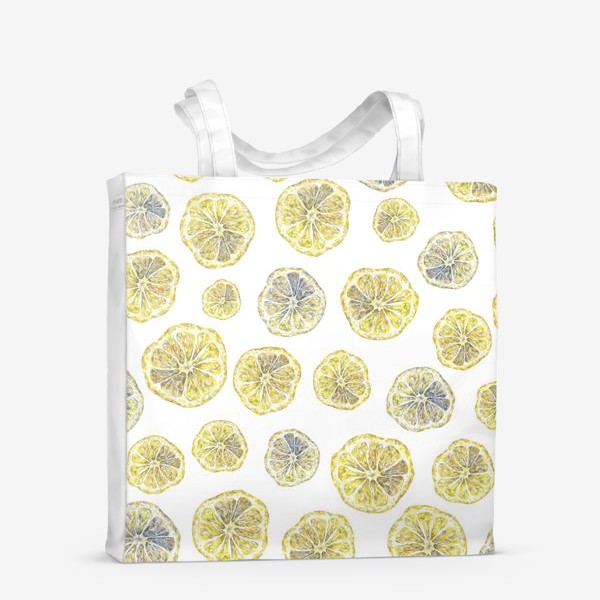Сумка-шоппер &laquo;Акварельный нарисованный вручную бесшовный фон с яркими иллюстрациями ломтиков желтых лимонов. Круглые срезы, цитрус&raquo;