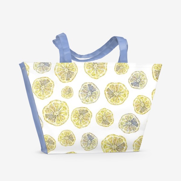 Пляжная сумка &laquo;Акварельный нарисованный вручную бесшовный фон с яркими иллюстрациями ломтиков желтых лимонов. Круглые срезы, цитрус&raquo;