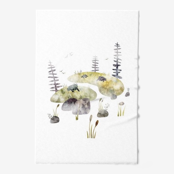 Полотенце &laquo;Акварельная нарисованная вручную яркая иллюстрация для детей, лягушки на кочках, сказочное болото, ели, камыш, туман&raquo;