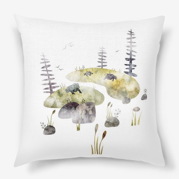 Подушка &laquo;Акварельная нарисованная вручную яркая иллюстрация для детей, лягушки на кочках, сказочное болото, ели, камыш, туман&raquo;