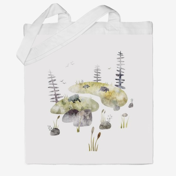 Сумка хб &laquo;Акварельная нарисованная вручную яркая иллюстрация для детей, лягушки на кочках, сказочное болото, ели, камыш, туман&raquo;