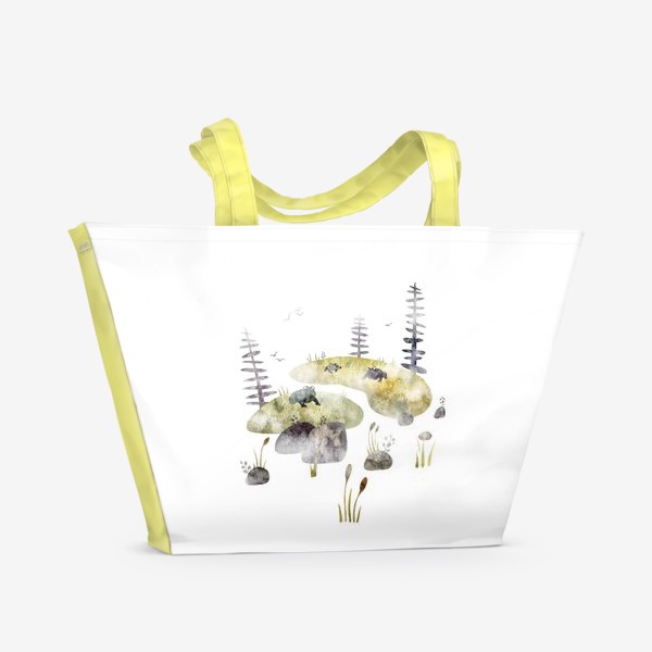 Пляжная сумка &laquo;Акварельная нарисованная вручную яркая иллюстрация для детей, лягушки на кочках, сказочное болото, ели, камыш, туман&raquo;
