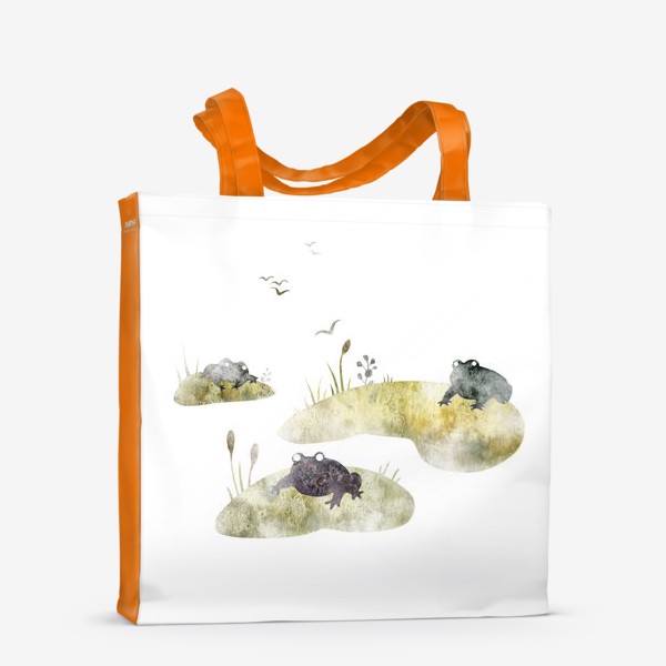 Сумка-шоппер &laquo;Акварельная нарисованная вручную яркая иллюстрация для детей, лягушки на кочках, сказочное болото, камыш, туман&raquo;