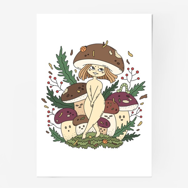 Постер «Белые грибы. Веселая девочка грибочек в лесу»