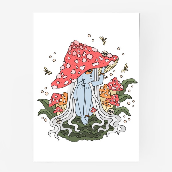 Постер «Грустный мухомор. Девочка грибочек в красной шляпке»