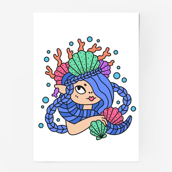 Постер «Русалочка с синими волосами и ракушками»