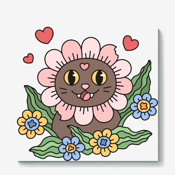 Холст «Счастливый котик ромашка. Влюбленный радостный кот с цветами»