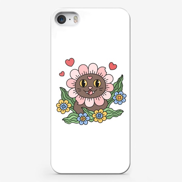 Чехол iPhone &laquo;Счастливый котик ромашка. Влюбленный радостный кот с цветами&raquo;