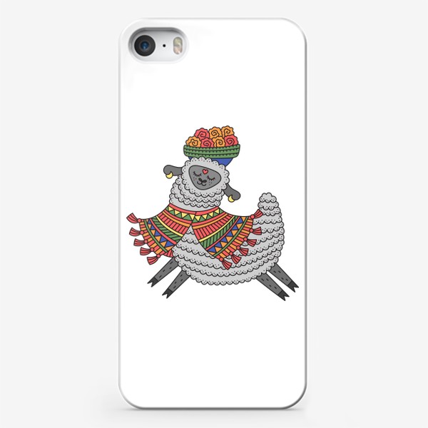 Чехол iPhone «Веселая лама в разноцветном пончо с корзиной цветов на голове»