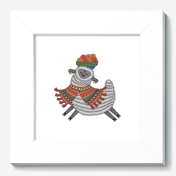 Картина «Веселая лама в разноцветном пончо с корзиной цветов на голове»