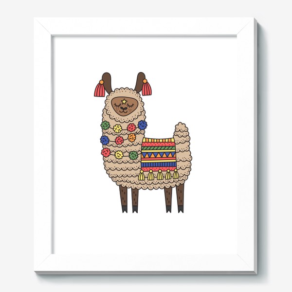 Картина «Милая лама с разноцветным пледом, бусами из помпонов, на ушах сережки»
