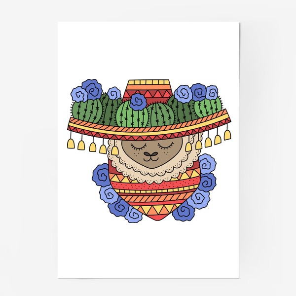 Постер «Лама в сомбреро с кактусами, узорчатом платком на шее, украшена цветами»