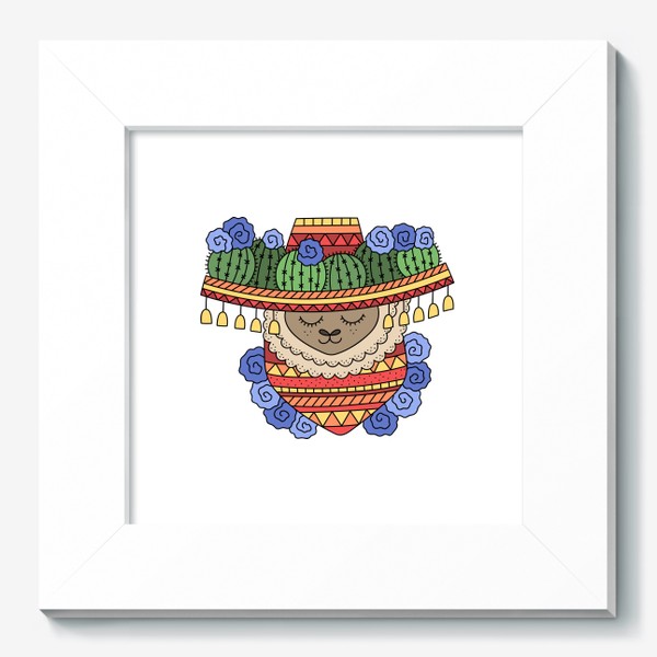 Картина «Лама в сомбреро с кактусами, узорчатом платком на шее, украшена цветами»