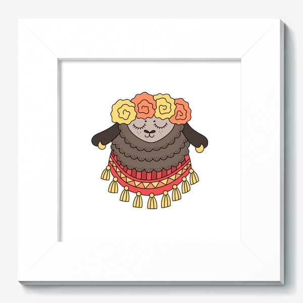 Картина «Лама с цветочным венком на голове и узорчатым платком с кисточками на шее»