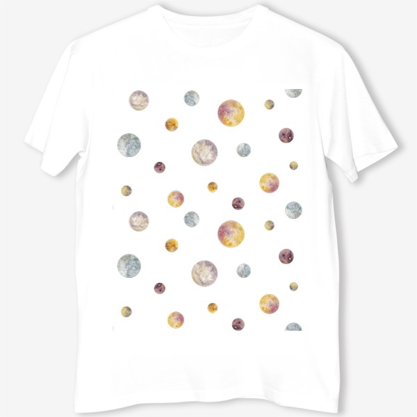 Футболка «Акварельный нарисованный вручную бесшовный фон с яркими иллюстрациями космических планет, Космос, круг, шар, пятно»