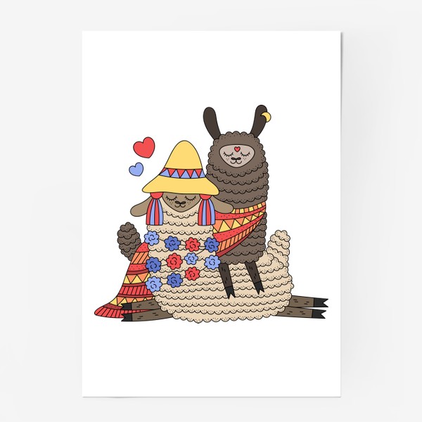 Постер «Влюбленная пара лам. Милые ламы, лама в шапочке с кисточками, лама в пледе»