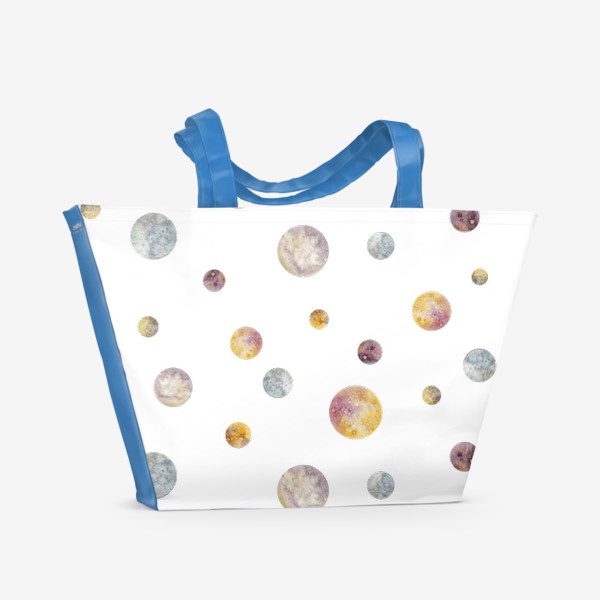 Пляжная сумка «Акварельный нарисованный вручную бесшовный фон с яркими иллюстрациями космических планет, Космос, круг, шар, пятно»